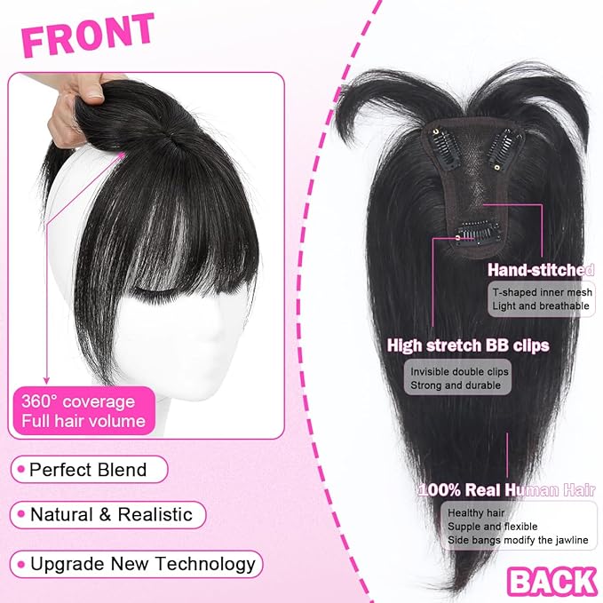 Hair Toppers For Women Real Human Hair 360° 3D Cover Human Hair Topper with Bangs Wispy Bangs Extensions Clip in Bangs for Daily Wear Natural Black