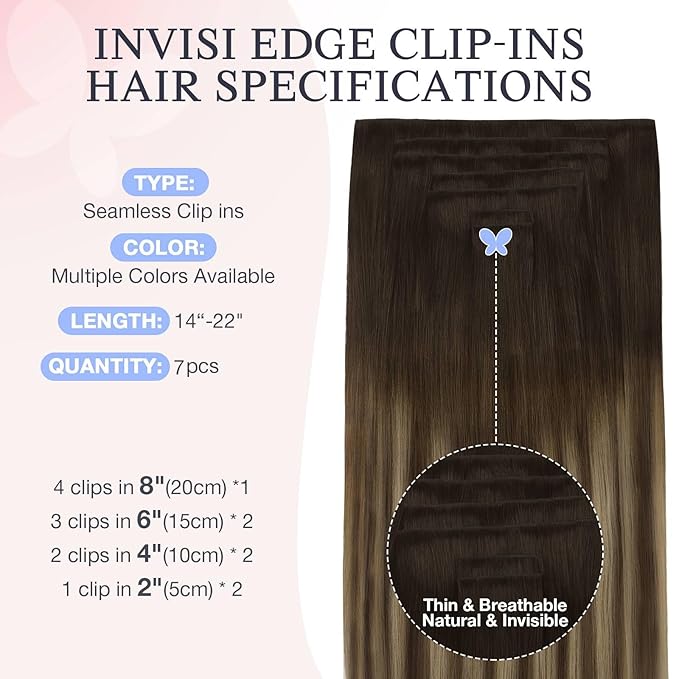 DOORES Invisible Clip in Hair Extensions 18 inch 130g 7pcs, Real Human Hair Invisi Edge Clip in Extensions, Virgin PU Clipins Straight Thickening Hairstyle, 4/27/4 Chocolate Brown to Caramel Blonde