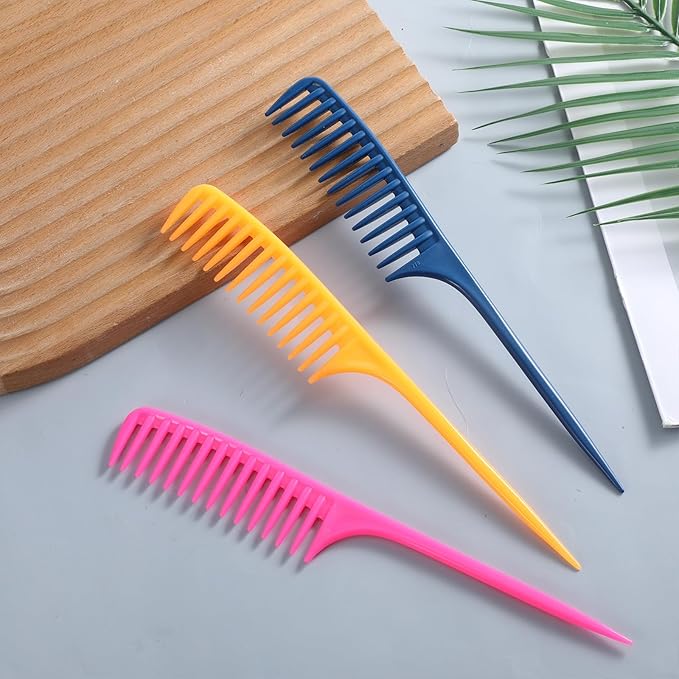 Wide Tooth Rat Tail Comb Set for Sectioning Styling Heat Resistant and Anti-Static Hair Detangling Combs for All Hair Types 3 Pcs (Blue + Pink + Yellow)