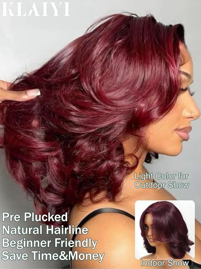 KLAIYI Black Cherry Bob Loose Body Wave Precut 7x5 HD Lace Front Wigs Human Hair Glueless Bye Bye Knots Drawstring Red Burgundy Wig with Curtian Bang Pre Plucked Bleached Ready to Put On And Go 12Inch