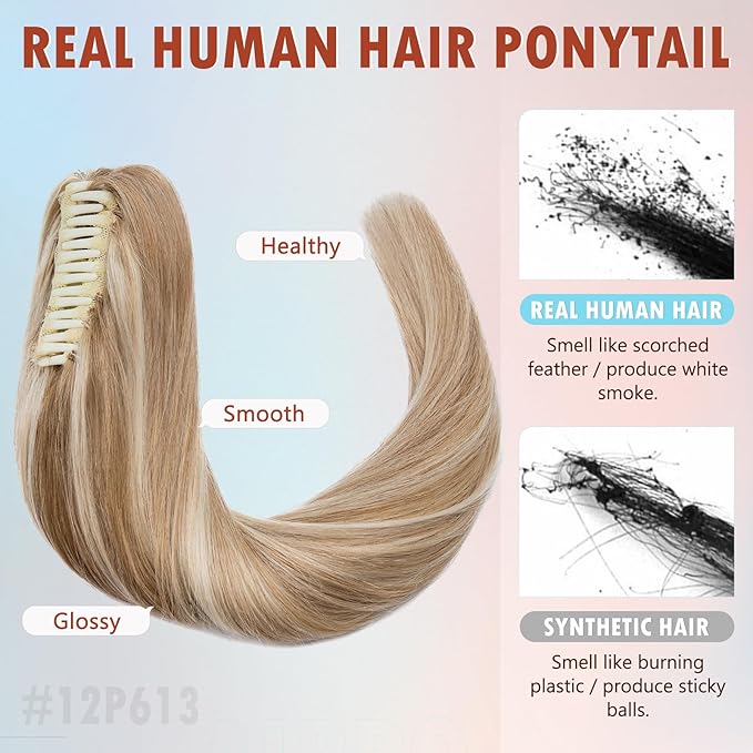 Hairro Claw Clip In Ponytails 100% Real Human Hair Ponytail Hair Extensions Jaw On Ponytail Jaw/Claw Clips Pony Tail Hairpieces For Women 14 Inch 105g #12P613 Golden Brown Mix Bleach Blonde