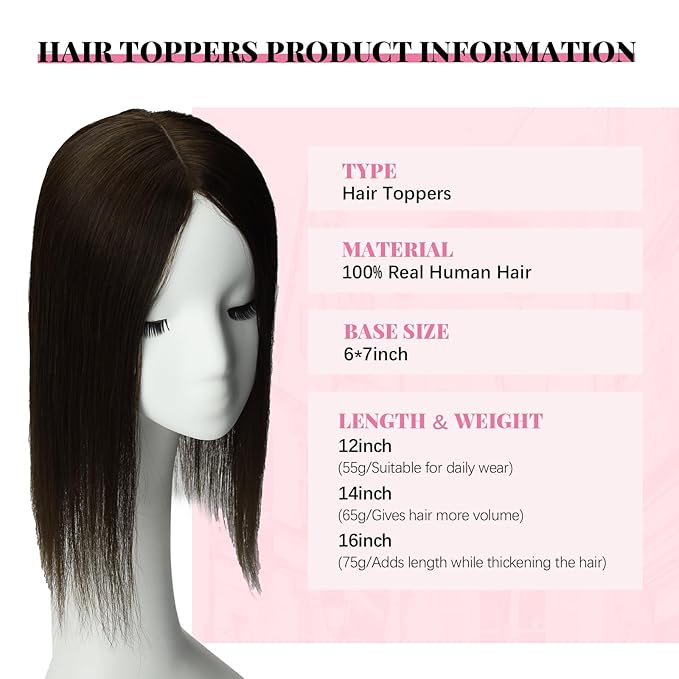 Toppers for Women Real Human Hair 6x7inch Large Base 360° Cover 12inch Hairpieces for Women with Thinning Hair Dark Brown Add Hair Volume (#2Toppers-12inch)