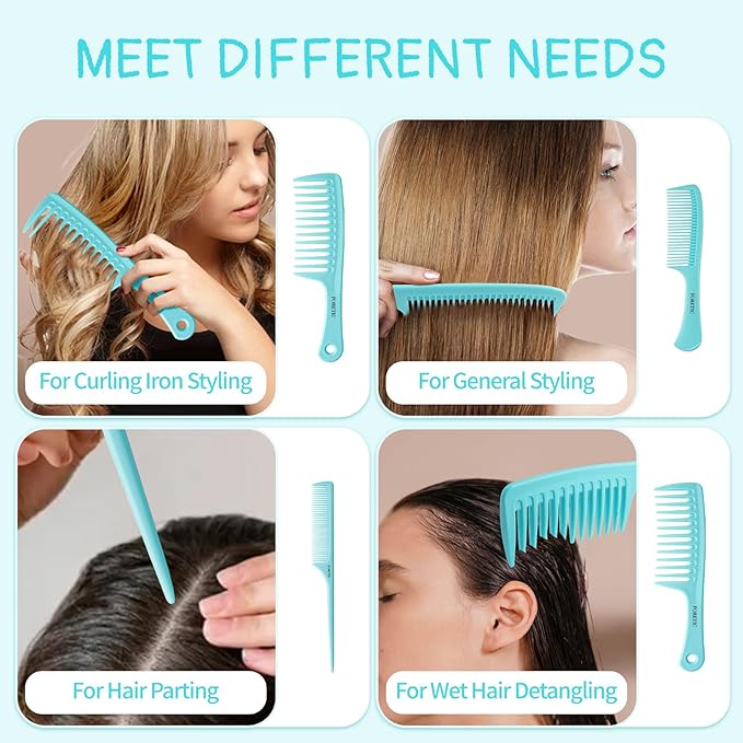Hair Comb 3-in-1 Plastic Hair Comb Set For Women, Men - Wide Tooth, Rat Tail, and Regular Tooth Detangling Hair Combs for All Hair Types-Blue