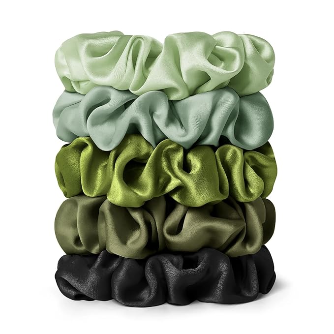 LILYSILK Silk Hair Scrunchies Ties for Frizz & Breakage Prevention 100% Mulberry Elastic Ponytail Holder 5PC (pale green+olive+dark green+avocado+black)