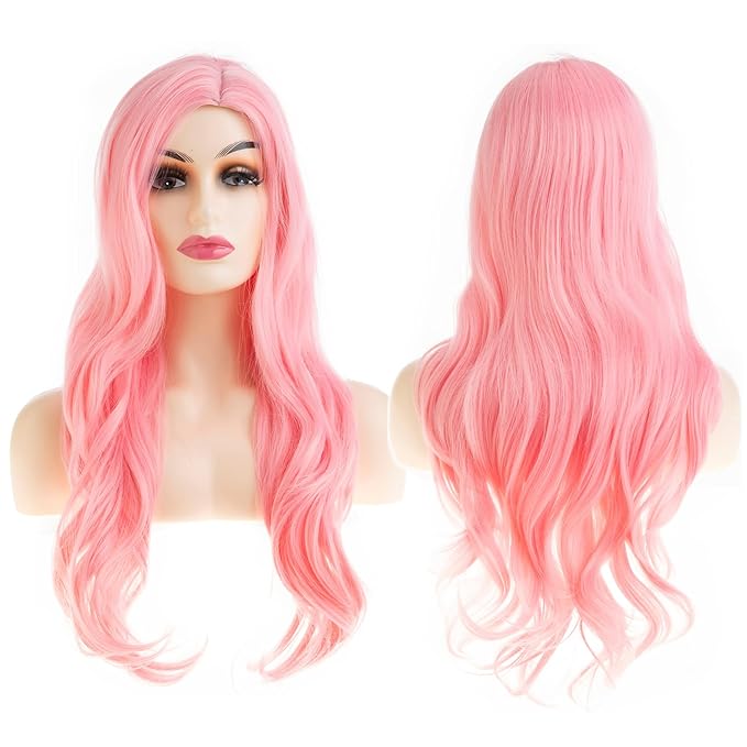 Baruisi Long Curly Wavy Pink Wigs for Women Side Part Natural Looking Cosplay Synthetic Heat Resistant Replacement Wig