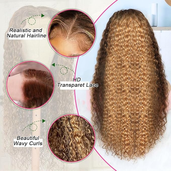 AMIRTY 360 Honey Blonde Water Wave Wig Human Hair 4/27 Highlight Curly Wig Pre Plucked Ombre Lace Front Wig Human Hair Drawstring Wig Human Hair Deep Wave Lace Front Wig Colored Wigs 24Inch