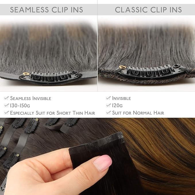 WENNALIFE Seamless Clip In Hair Extensions, 16 Inch 130g 7pcs Balayage Dark Brown to Chestnut Brown Hair Extensions Clip in Human Hair Invisible PU Skin Weft Natural Remy Human Hair Extensions