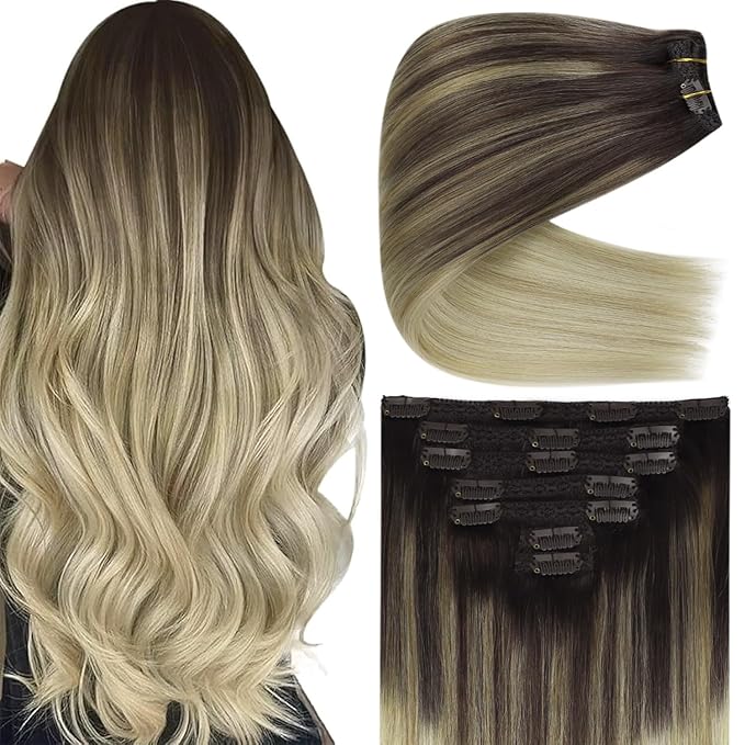 Ve Sunny Clip in Hair Extensions Real Human Hair Flexible Human Hair Clip in Extensions Ombre Hair Clip in Extensions Dark Brown Ombre Golden Blonde Mix Light Blonde Natural Look 7pcs 120g 18inch