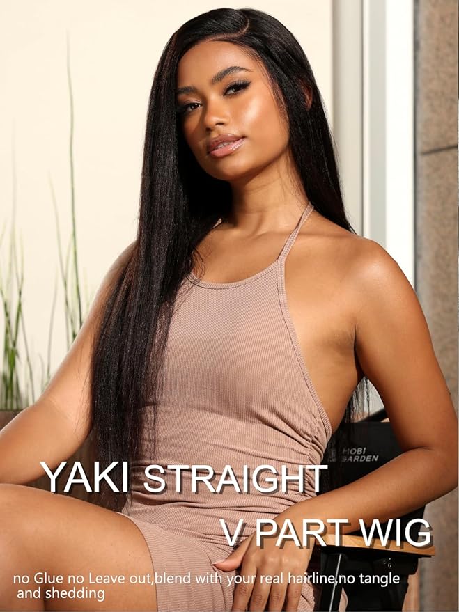YIROO V Part Wig Yaki Straight Human Hair Wigs for Black Women Upgrade Upart Wig No Leave Out 12A Glueless Kinky Straight V Shape Clip in Half Wig No Glue No Sew Beginner Friendly 180% Density 16 Inch