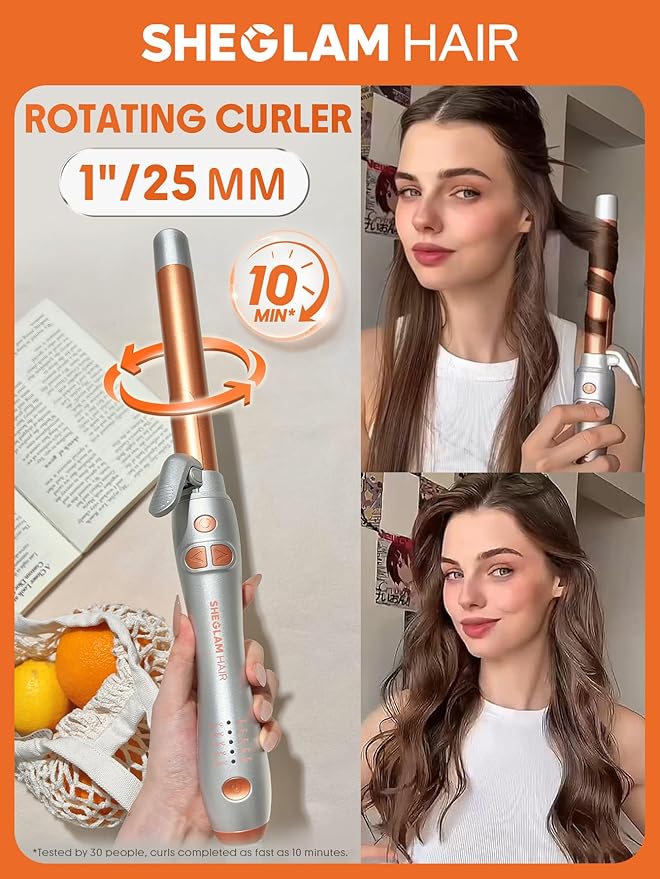 SHEGLAM Rotating Curling Iron Extra Long, Curl Cycle, 1 Inch Automatic Curling Wand for Long Hair, Self Spinning Barrel up to 430°F, Dual Voltage