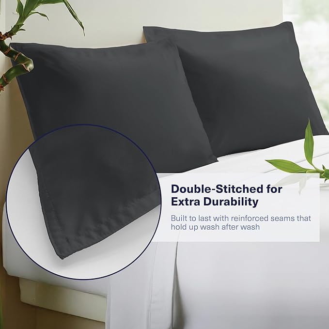 Kickoff Viscose Bamboo Pillowcase, Queen, Set of 2, 100% Organic Hidden Zippered Viscose Bamboo Pillow Case Queen Size, Cooling Pillow Cover for Hot Sleepers (20"x30", Pewter)
