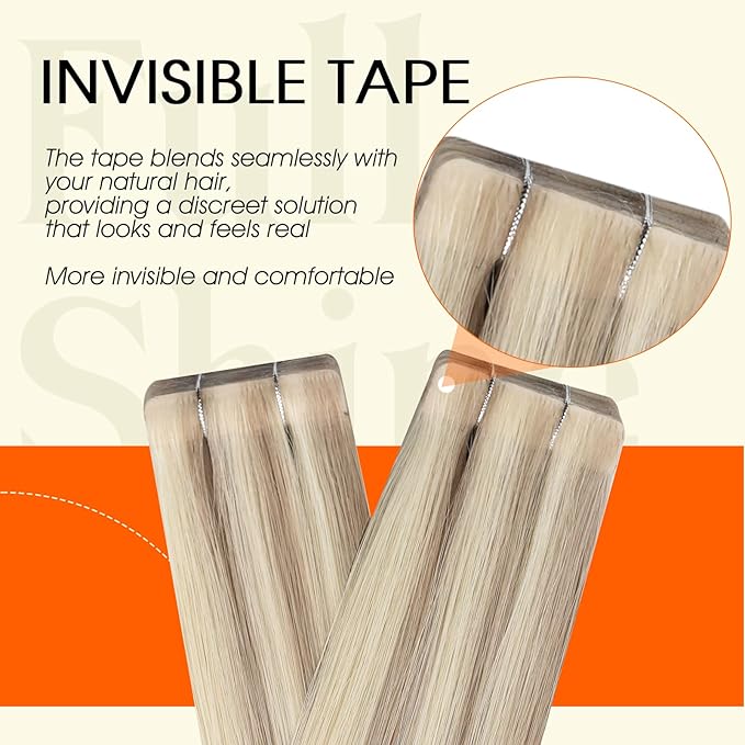 Full Shine Blonde Injected Tape Extensions Human Hair Color 18 Ash Blonde Highlight 613 Blonde Remy Tape in Hair Extensions Invisible Adhesive Skin Weft for Natural Look 14Inch 40G 20Pcs