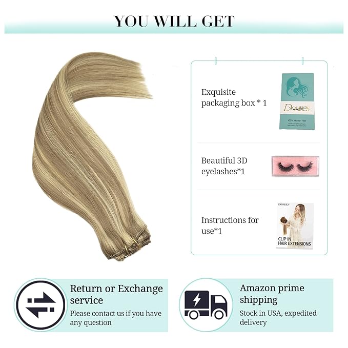 DOORES Clip in Human Hair Extensions, 5 pcs 80g Light Blonde Highlighted Golden Blonde Balayage 20 Inch Hair Extensions Clip in Real Straight Natural Hair