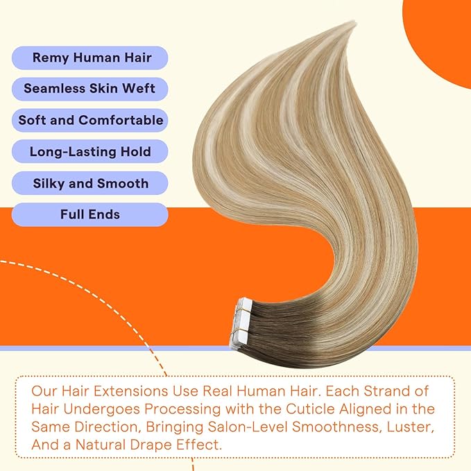 Full Shine Tape Extensions 22 Inch Color 6 Fading to 27 Honey Blonde and 60 Tape Ins Human Hair Extensions 20 Pieces Seamless Hair Extensions Human Hair 50 Grams for Party