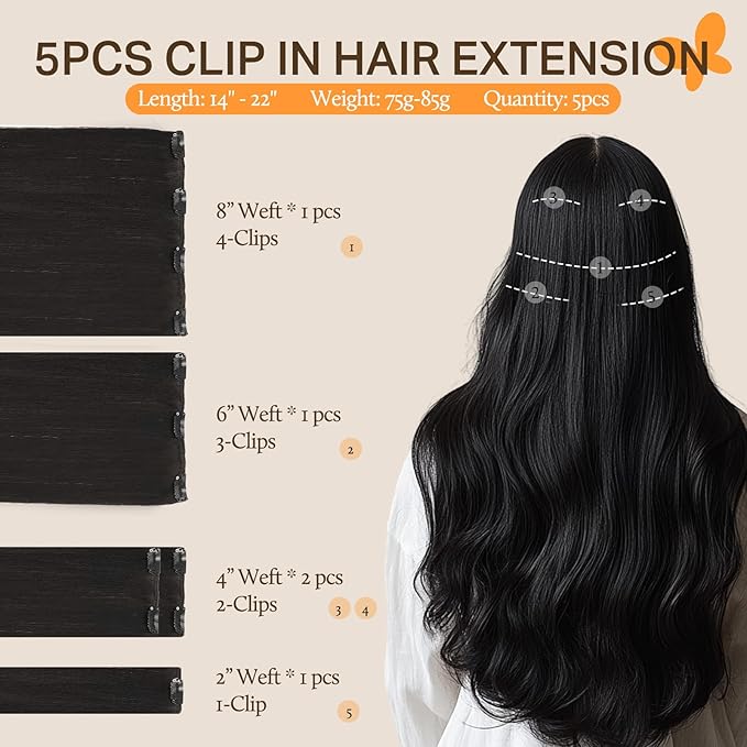 DOORES Hair Extensions Clip in, 5pcs 85g Natural Black 22 Inch Clip in Human Hair Extensions Remy Straight Hair Extensions