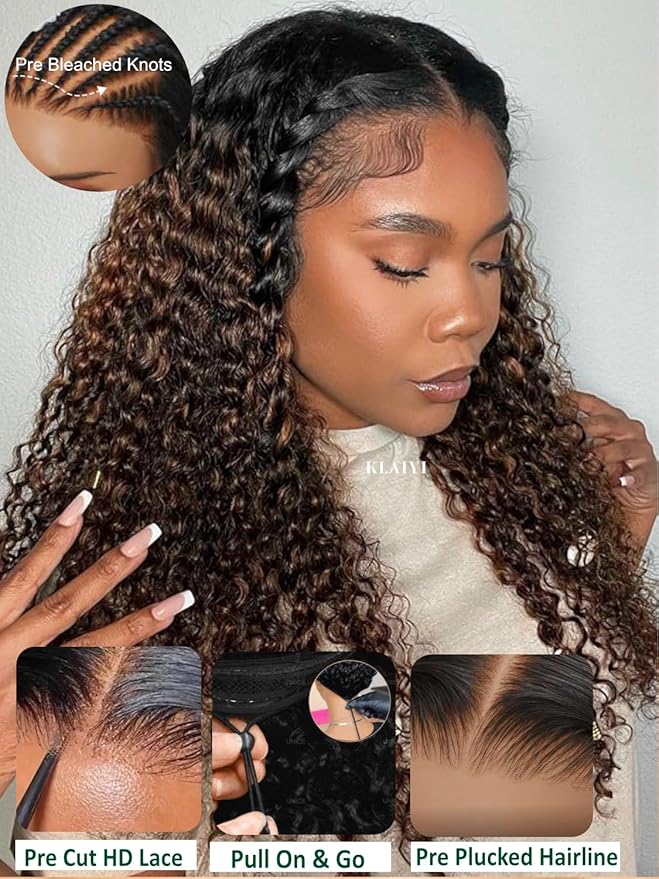 KLAIYI Ombre Brown Water Wave Bye Bye Knots Glueless Wig Human Hair Pre Cut 7x5 Lace Front Wigs Drawstring Pre Plucked Bleached Highlight Balayage Curly Ready to Wear and Go Wig with Dark Roots 24Inch