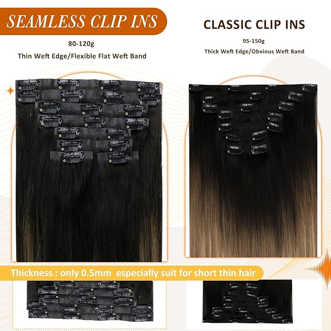 Full Shine Clip in Human Hair Extensions 20 Inch Black with Light Brown Highlights Blonde Seamless Clip ins for Women PU Weft Remy Hair Thick Ends 8 PCS 120G