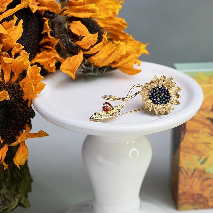 Sunflower Brooch pin with hand beading, She's Free Style Just For You Flower Oil Dropping Brooches for women, Metal Plating Process Safety pins with Nail Bead Crystal