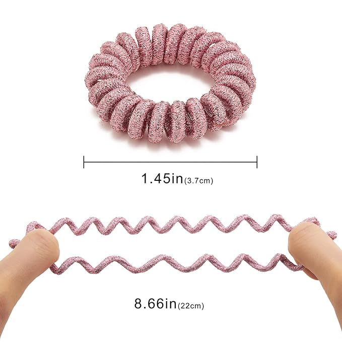 Spiral Glitter Pink Hair Ties for Women (12 Pcs) - Plastic Coil Ponytail Holders, No Crease Phone Cord Hair Ties for All Types