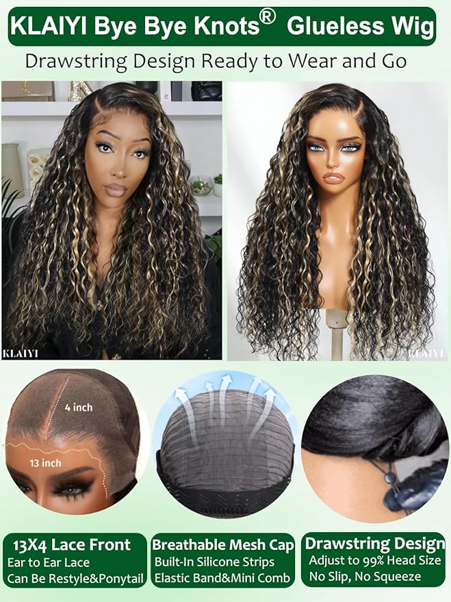 KLAIYI Ombre Highlight Blonde Water Wave Glueless Pre Everything 13x4 Lace Front Wigs Human Hair Drawstring Pre Plucked Pre Bleached Bye Bye Knots Curly Wig with Dark Roots Ready to Wear and Go 24Inch