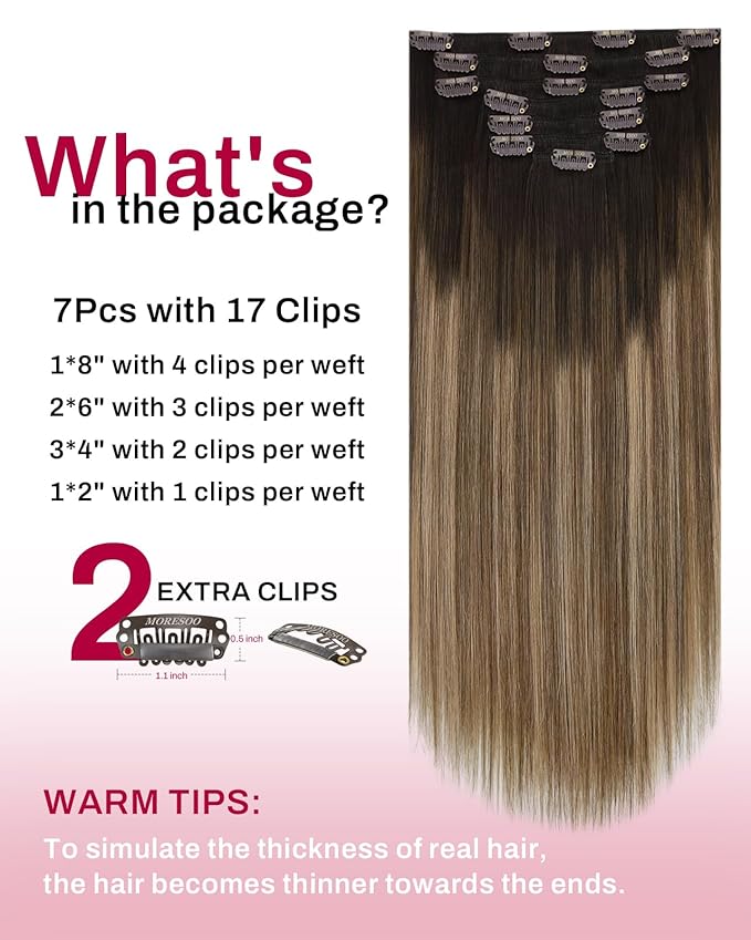Moresoo Clip in Hair Extensions Real Human Hair Balayage Double Weft Clip in Extensions Human Hair Ombre Hair Extensions Clip ins Dark Brown to Golden Brown with Dark Ash Blonde 7pcs 120g 20inch
