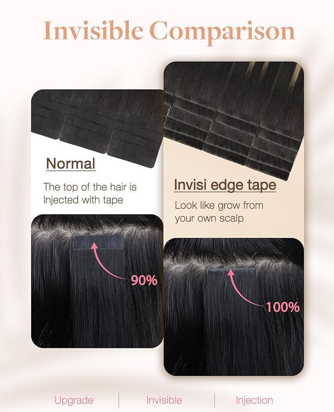 GOO GOO Invisi Edge Tape in Hair Extensions Human Hair, 1B/19/1B Natural Black to Light Blonde 10pcs injected with 10pcs classical tape ins, 14inch 50g, Virgin Remy Hair, Natural Look