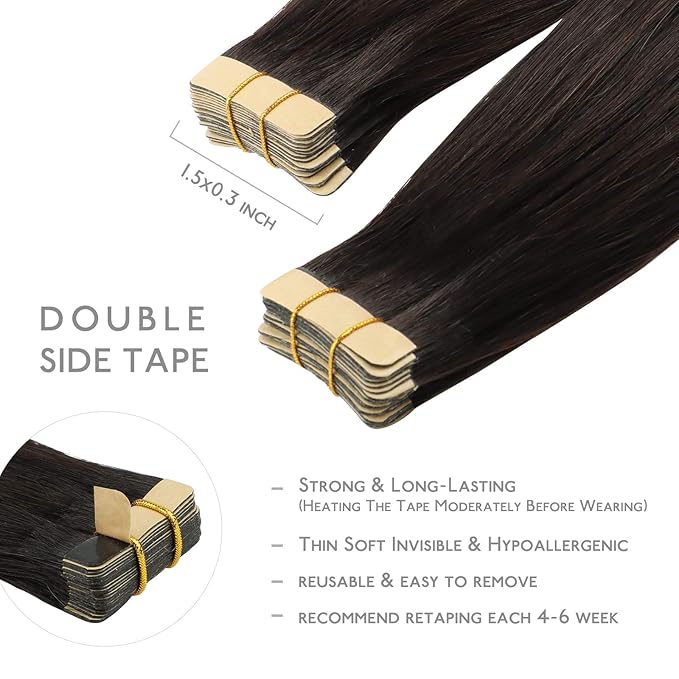 WENNALIFE Tape in Hair Extensions Human Hair, 20pcs 40g 12 inch Dark Brown Remy Hair Extensions for Women Tape Ins Straight Extensiones De Cabello Humano Skin Weft