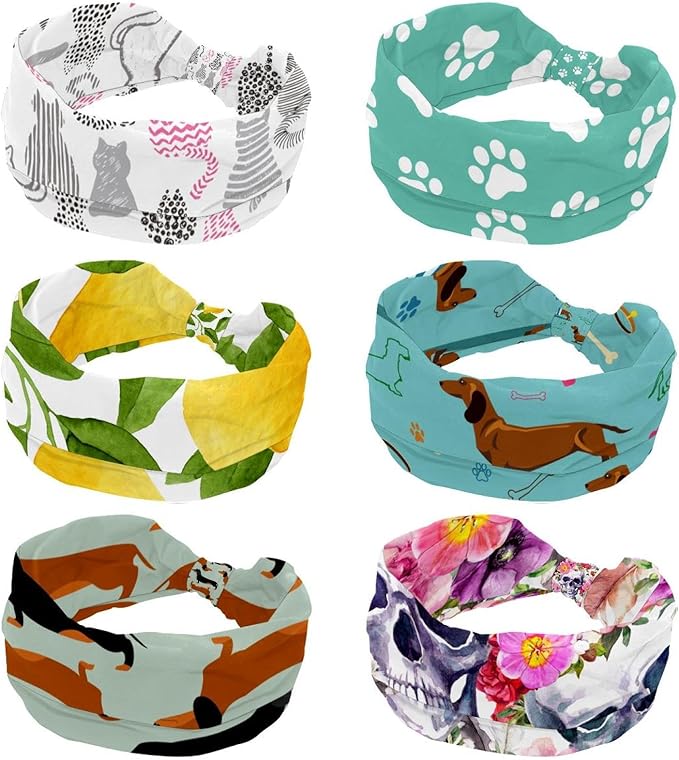 6 Pcs Stretchy Headbands for Women, Absorbed Sport Headband Soft Twist Knotted Headbands for Daily Life Yoga Workout, Dogs Collection Multi Animal