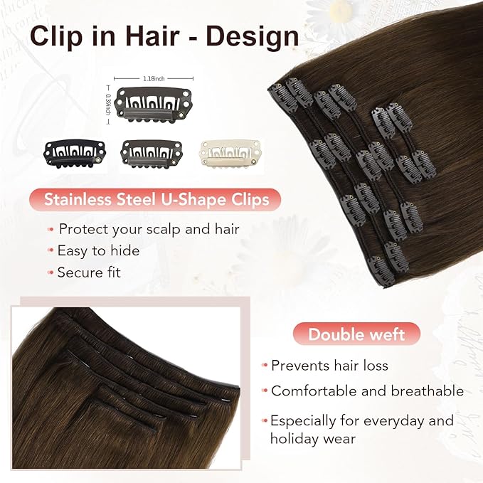 XDhair Clip in Hair Extensions 100G 6 pcs Medium Brown Clip in Hair Extensions Real Human Hair for Women Double Weft #4 14 Inch