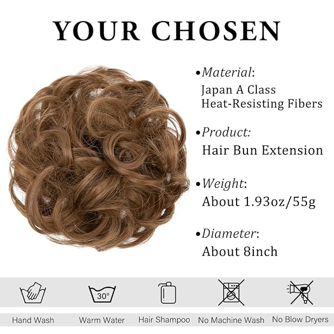 CJL HAIR Large Messy Bun Hair Piece Wavy Curly Scrunchies Synthetic Chignon Ponytail Hair Extensions Thick Updo Hairpieces for Women Medium Auburn