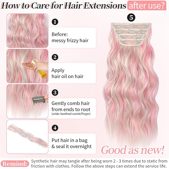 KooKaStyle Clip in Synthetic Hair Extensions Long Wavy 4PCS Thick Hairpieces Blonde with Pink Highlight Fiber Double Weft Natural Hair Extensions 20 Inch for Women