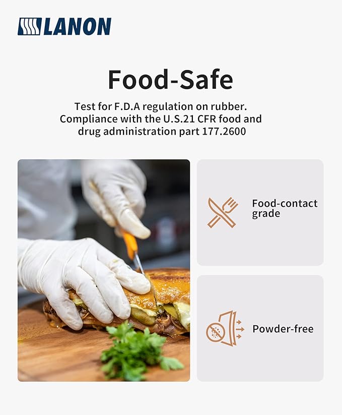 LANON Food Safe White Disposable Nitrile Gloves, Latex-Free, Powder-Free, Textured Fingertips, Cooking, Cleaning, Case, Large