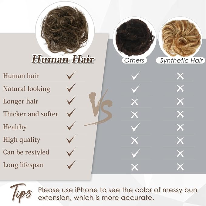 RUWISS Large Messy Bun Hair Piece 100% Human Hair Layered Wavy Curly Hair Buns Hair Piece for Women Thick Updo Hairpiece for Daily Wear Real Hair Scrunchies Ponytail Extension (Brown Mixed)