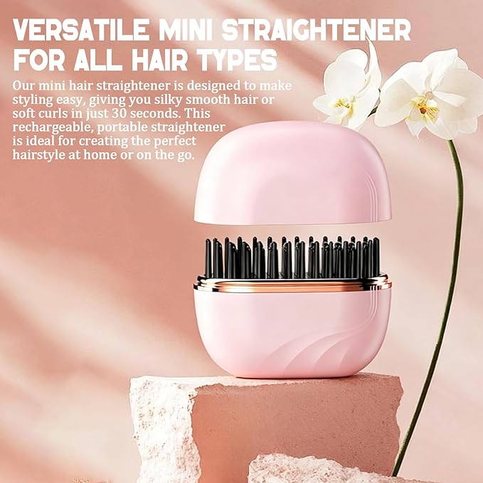Mini Straightener Brush, Rechargeable Portable Hair Straightener Brush, 3-Speed Temperature Control, Anti-Scald Shell, Lightweight and Portable for Home Travel Gift (Pink)