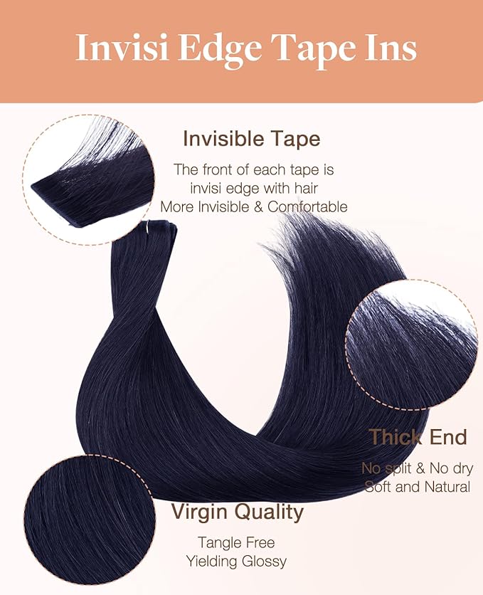 GOO GOO Invisi Edge Tape in Hair Extensions Human Hair, 1G Midnight Black, 20pcs 20inch 50g, Virgin Remy Hair, Seamless Injected Tape, Natural Look