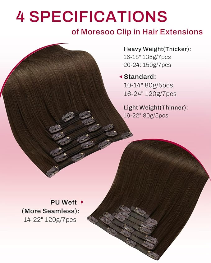 Moresoo Invisible Seamless Clip in Hair Extensions Real Human Hair Medium Brown Clip in Extensions for Long Hair Extensions Medium Brown for Women Pu Skin 120g/7pcs 22 inch