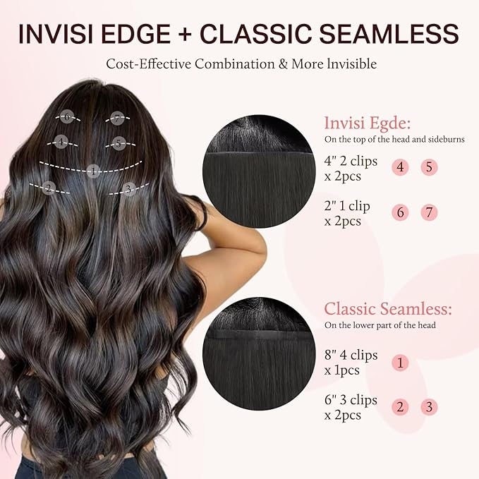 DOORES Clip in Hair Extensions Set 18 Inch 130g, 4pcs Invisi Edge Clip ins and 3pcs Classic Seamless Clip ins, Injected Virgin Real Human Hair Extensions Natural Invisible Straight, #1