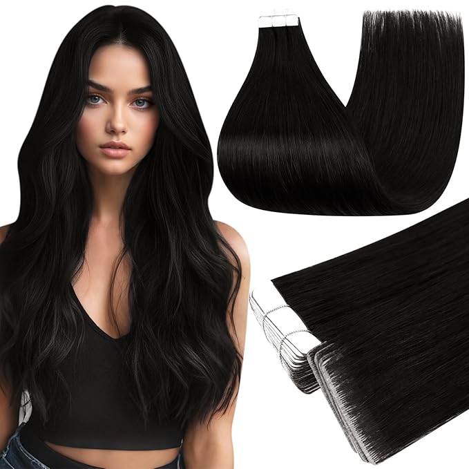 Full Shine Injected 18Inch Human Hair Extensions Tape in Color 1B Black Injection Double Sided Natural Tape in Extensions Silky Straight Remy Skin Weft Invisible Human Hair 50G 20Pcs Add Volume