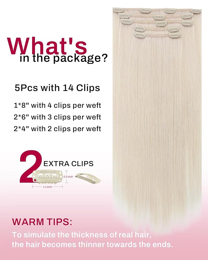 Moresoo Clip in Hair Extensions Human Hair Double Weft Lightest Blonde Real Straight Hair Clip in Extensions Full Head #60A 5Pcs 80G 16inch