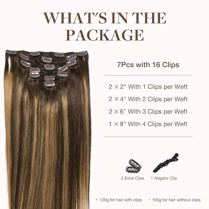 GOO GOO Clip in Hair Extensions Real Human Hair, Remy Human Hair Extensions Clip ins for Women, Natural Human Hair, 16inch 120g 7Pcs, 4/27/4 Balayage Chocolate Brown to Caramel Blonde