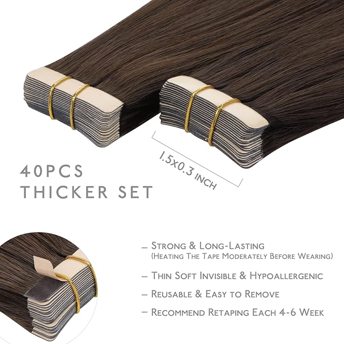 WENNALIFE Tape in Hair Extensions Human Hair, 40pcs 100g 22 inch Chocolate Brown Hair Extensions Real Human Hair Straight Tape in Extensions Invisible Human Hair Extensions Reusable Hair Extensions