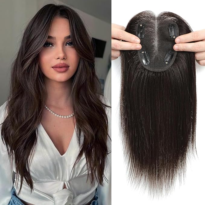 YAMI Real Human Hair Toppers for Women, 12 Inch, Dark Brown, Swiss Lace Base, Medium Density, Full Top Coverage, Clips Attachment