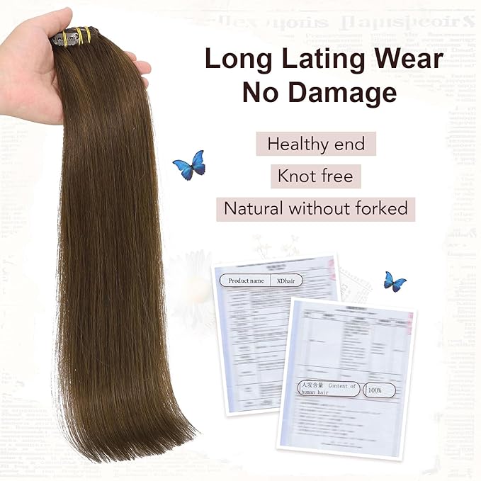 XDhair Clip in Hair Extensions 100G 6 pcs Medium Brown Clip in Hair Extensions Real Human Hair for Women Double Weft #4 14 Inch