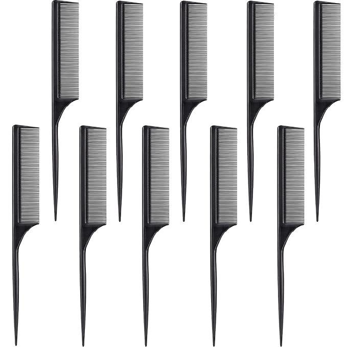 Leinuosen 10 Pcs Rat Tail Comb Styling Carbon Heat Resistant Anti Static Teasing Comb for Back Root Tease Adding Volume Evening Styling(Black)