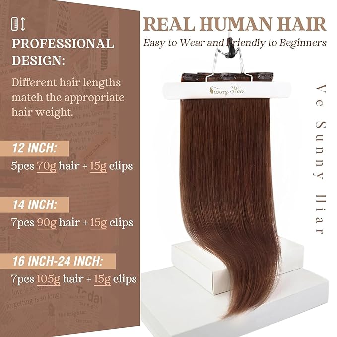 Ve Sunny Real Hair Extensions Clip in Human Hair Dark Auburn Red Hair Extensions Full Head Human Hair Extensions Clip ins Natural Straight 16 inch 120g 7pcs