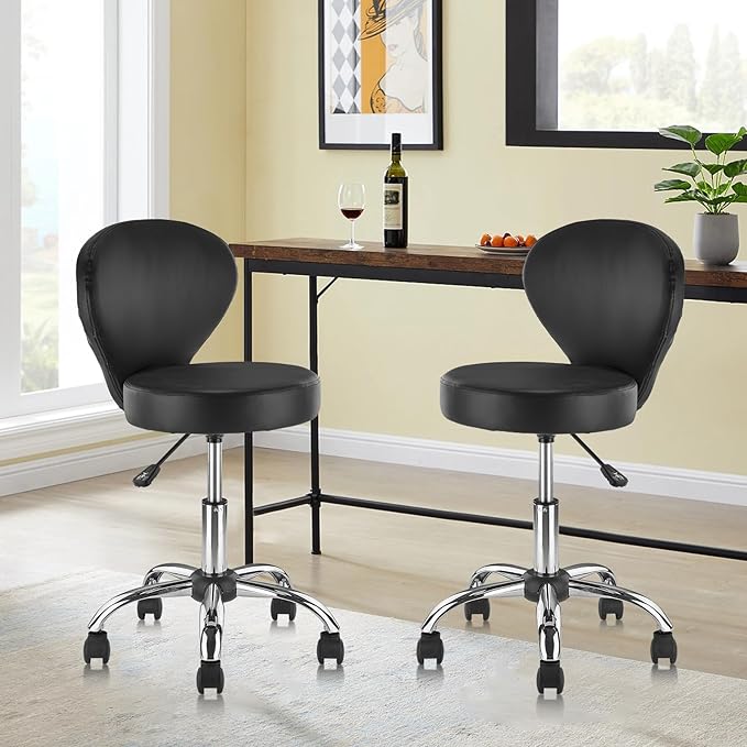 Set of 2 PVC Faux Leather Rolling Swivel Salon Stool Chair with Wheel Back Lumbar Support Seat Height 22 in Diameter 15 Inch Adjustable Hydraulic Chair for Beauty Barber Manicure Lash 2 Pack
