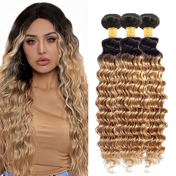 Honey Blonde Bundles Human Hair Ombre Deep Wave Bundle 20 22 24 Inch Peruvian Virgin Remy Hair Extensions Double Weft 2 Tone Black and Blonde Deep Wave Bundle Hair Weave 150g