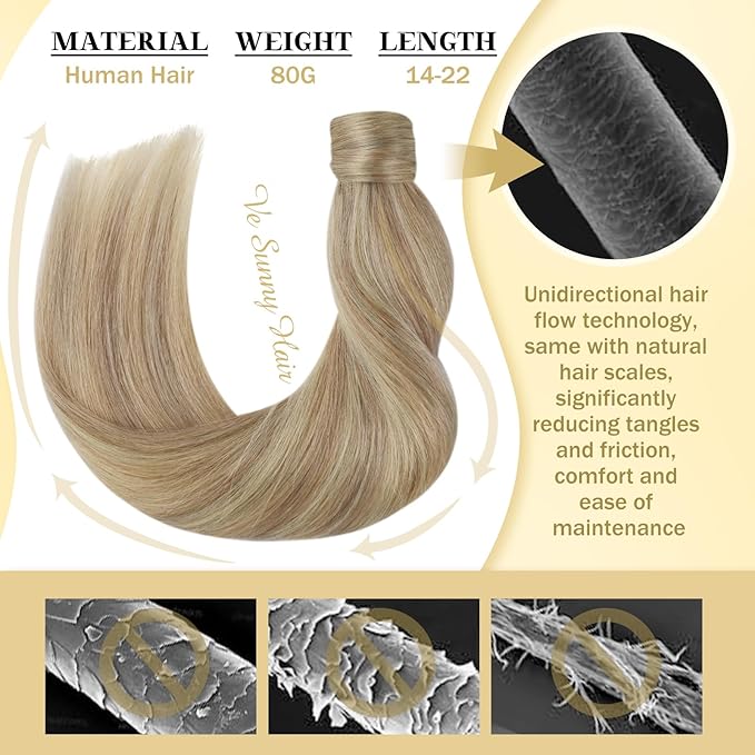 Ve Sunny Hair Extensions Ponytail Real Human Hair Wrap Around Clip in Ponytail Hair Extensions Straight Extensions Human Hair for Women Blonde Highlights for Women Warm Color 20inch 80G