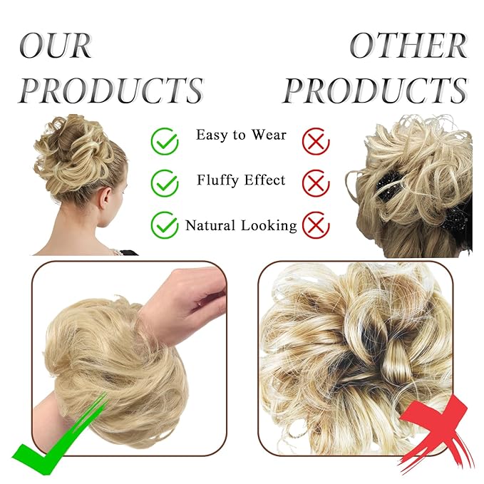 Large Messy Bun Hair Piece Curly Synthetic Extensions Scrunchies Fake Chignon Updo Hairpieces for Women Natural Blonde Balayage