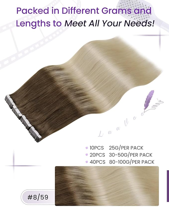 LaaVoo Tape in Hair Extensions Human Hair Light Brown Fading to Light Blonde Tape in Human Hair Extensions Seamless Tape on Hair Extension Silky Straight Hair 12inch 20pcs 30g